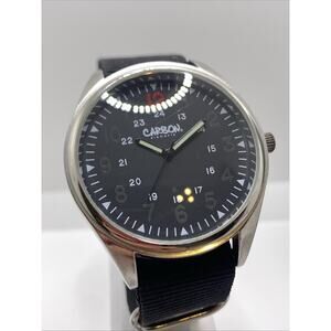 Carbon Elements Mens Silver Tone Black Quartz Watch Works New Battery